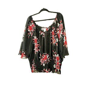 Y2K Sheer Black Floral Dolman Top 3X Romantic Boho Smocked Dark Cottagecore